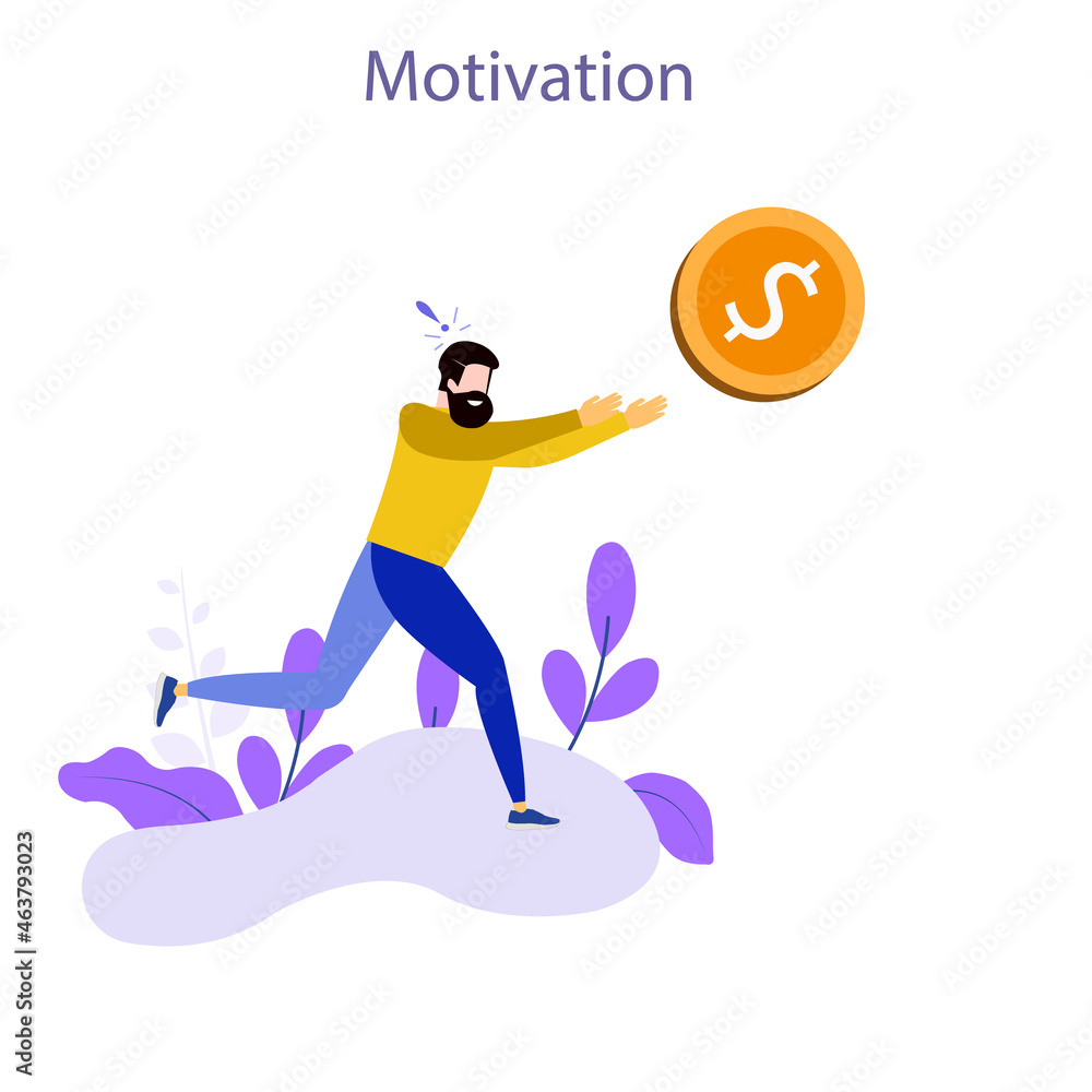 Person chasing dollar coin. Concept of extrinsic motivation, external reward or incentive, pursuing financial gain