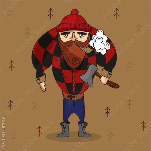 Lumberjack with an axe on the background of graphic Christmas trees. Forest, vector illustration. Men's profession. Brutal drawing. A character for fairy tales, games, cartoons. Lumberjack clothes.