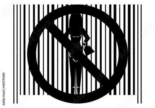 Prohibido la prostitución. Abolición de la prostitución. Código de barras con la silueta de una prostituta y la señal de prohibido en blanco y negro.