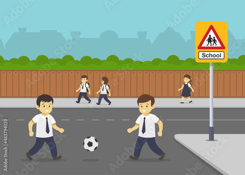 Road or traffic safety rule. Happy students going to school. Two boys playing football on city road. School zone warning sign. Flat vector illustration template.