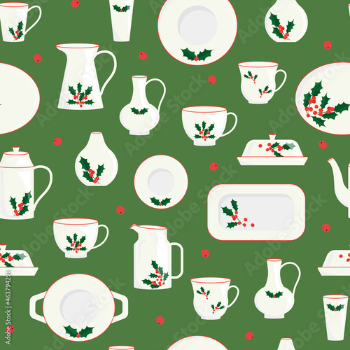 Seamless pattern of christmas tableware items. Ceramic kitchen utensils or crockery. Cups, dishes, bowls, pitchers. Vector illustration in flat modern style on white background.