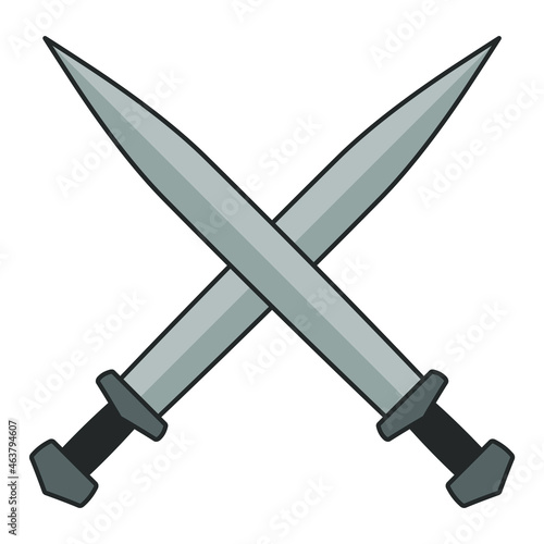 Sword vector illustration icon. Crossed swords military or heraldry symbol. Protection and security sign. Medieval or knight weapon. Fantasy gladius fencing logo. Clip-art silhouette.