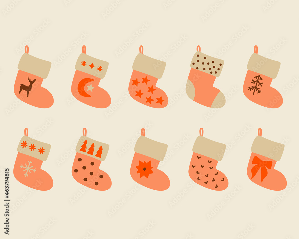 Christmas stockings as a traditional symbol. Hanging Christmas socks isolated. Great for Christmas cards, posters, stickers, wall art. Hand drawn in flat cartoon simple style.