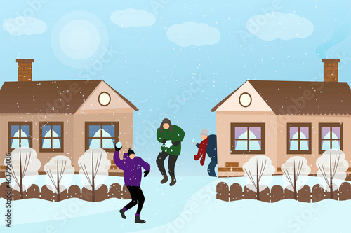 Cartoon characters play snowballs near houses. Beautiful winter landscape. Vector illustration in a flat style