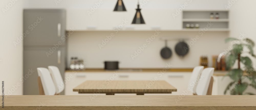 Empty space on wooden board for montage on blurred minimalist kitchen and dining room interior - obrazy, fototapety, plakaty 