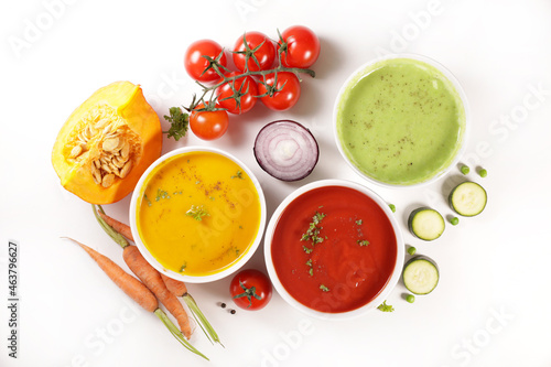 various bowl of vegetable soup on white background