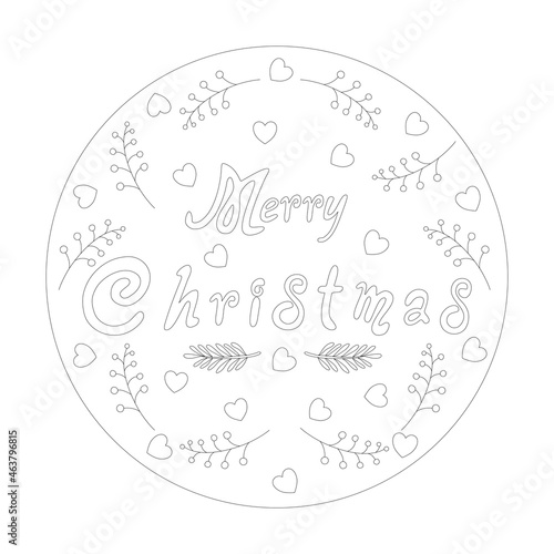 Merry Christmas with cute cartoon characters in circles with black lines. Can be applied to various tasks such as coloring books  art for kids  cards  stickers  t-shirts  backgrounds  logos and more 