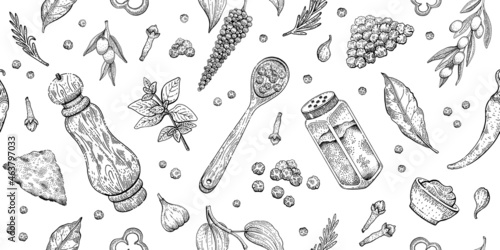 Pepper salt pattern. Vector food illustration. Sketch spice seamless background. Hand drawn garlic, pepper shaker, olive, bay leaf. Vintage kitchen cooking restaurant pattern. Herb isolated wallpaper