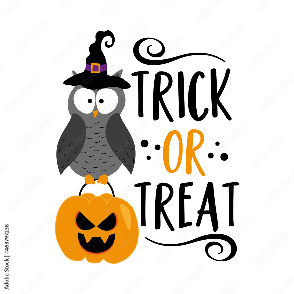 Obraz premium Trick or treat - cute owl in witch hat with scary pumpkin face bag. Good for label, card, t shirt print, and other decoration for Halloween.