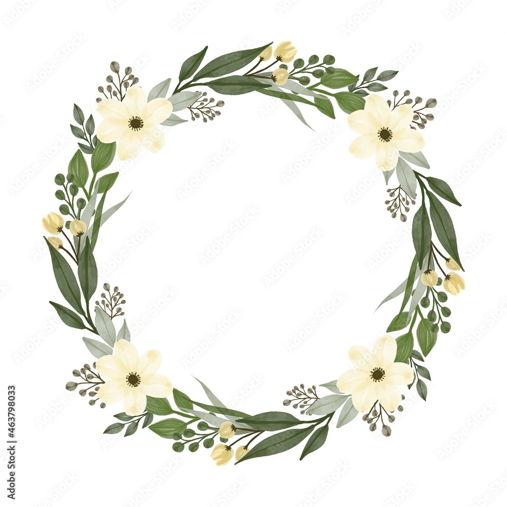 circle frame with fresh green leaves and white flower border