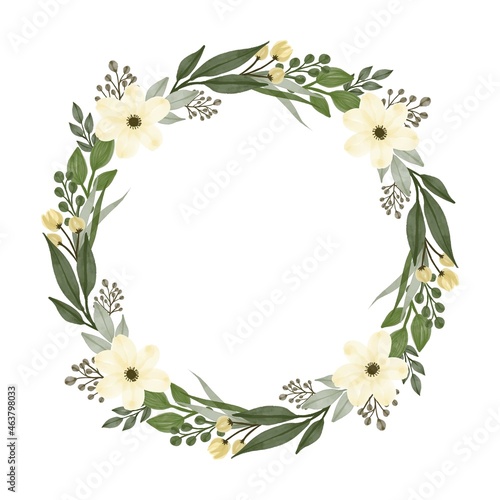 circle frame with fresh green leaves and white flower border © else_lalala