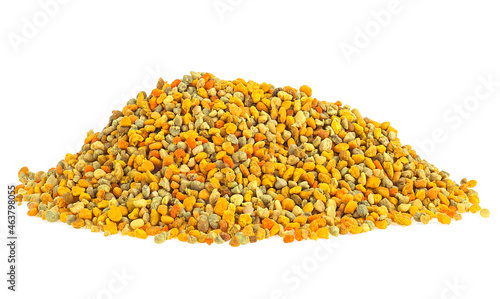 Pile of bee pollen grains isolated on a white background. Healthy natural medicine for influenza.