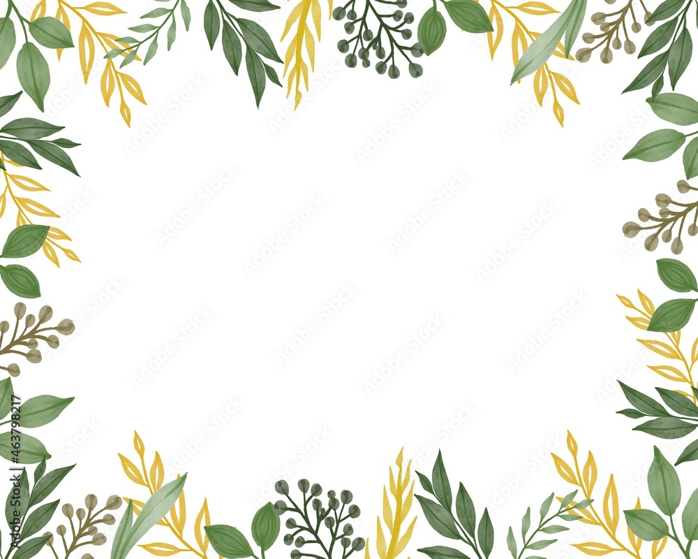 white background with watercolor yellow and green leaves border white background with watercolor yellow and green leaves border
