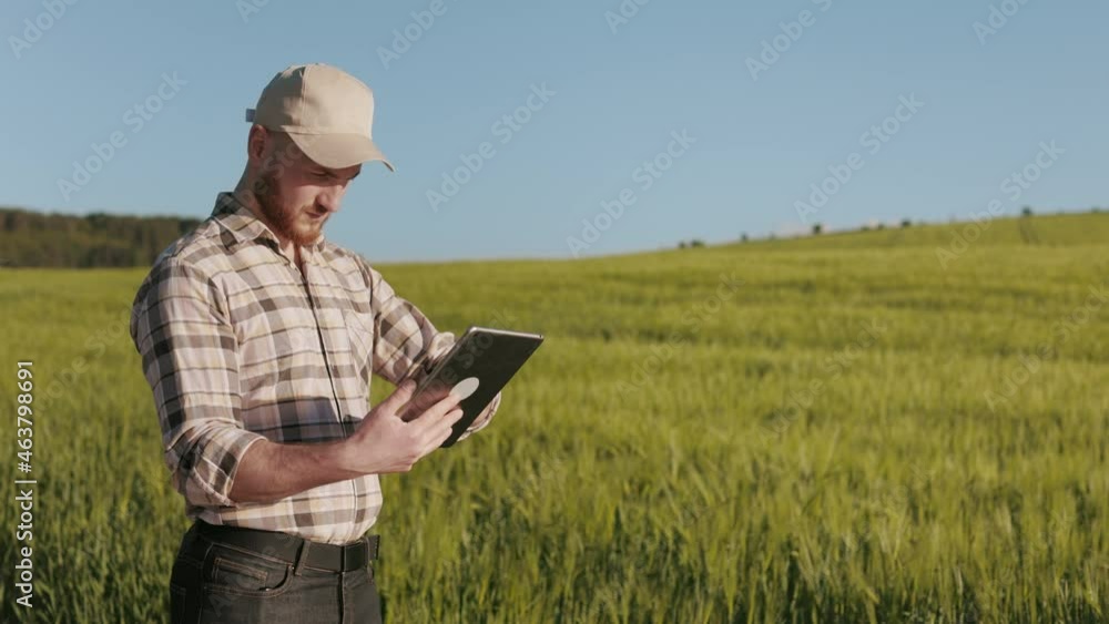 The farmer is standing near the field and working with a tablet. The sun is shining brightly. He has a cap on his head. The field is in the background. 4K The farmer is standing near the field and working with a tablet. The sun is shining brightly. He has a cap on his head. The field is in the background. 4K
