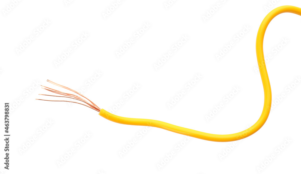 Stripped electrical wire with yellow insulation isolated on white