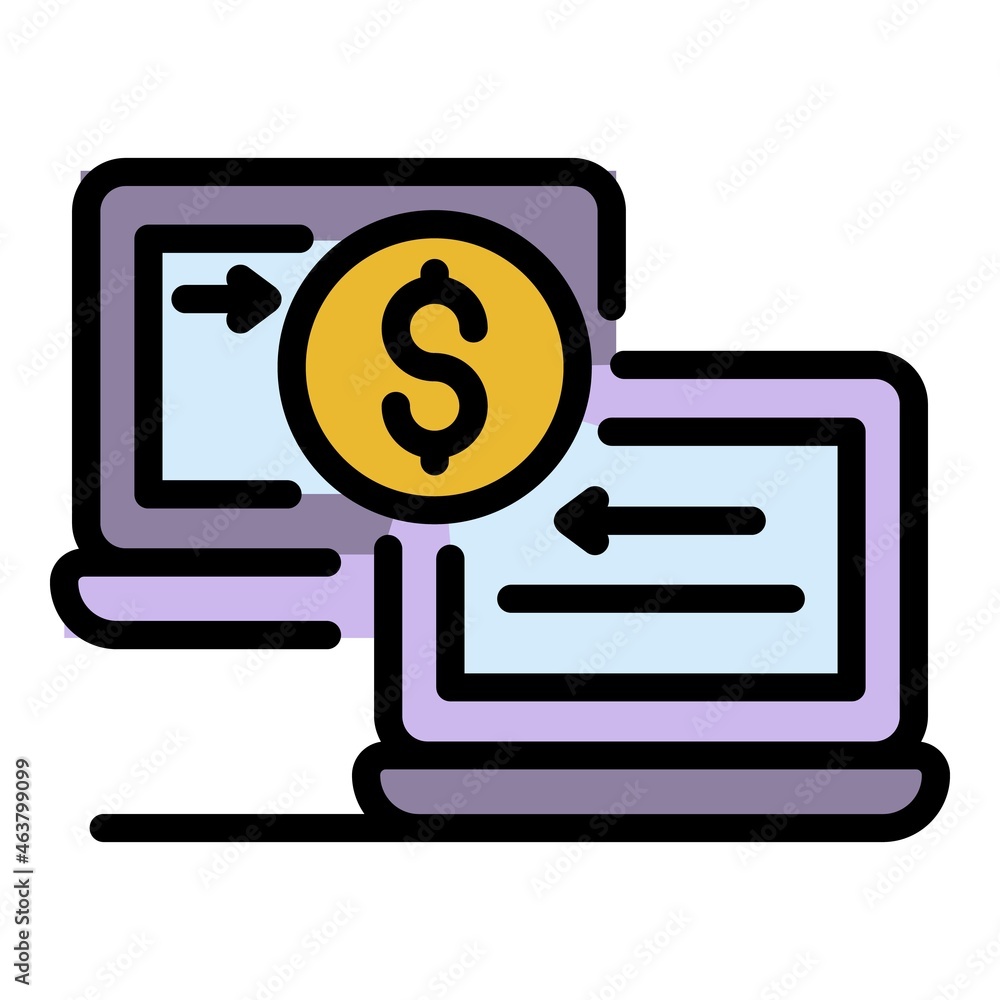 Laptop money transfer icon. Outline laptop money transfer vector icon color flat isolated Laptop money transfer icon. Outline laptop money transfer vector icon color flat isolated