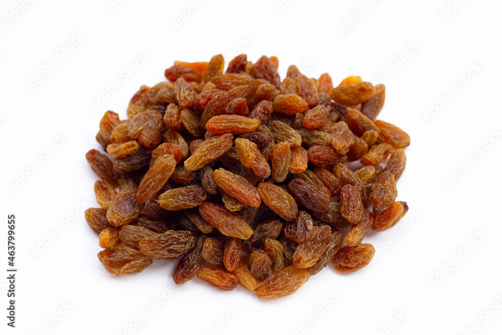 Dried grape raisins on white background