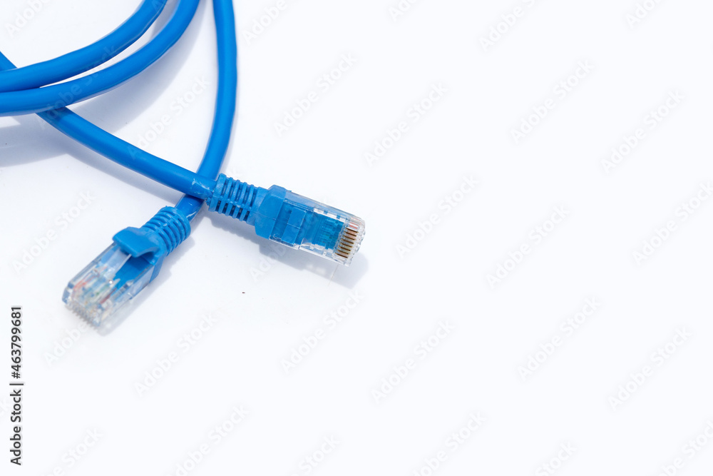 LAN network connection ethernet blue cables on white background. LAN network connection ethernet blue cables on white background.