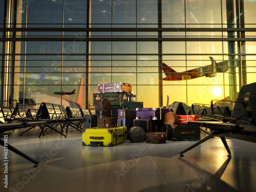 tourists luggage in the empty departure hall at airport in sunset lights. High quality 3d illustration
