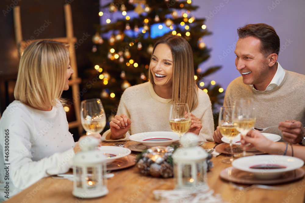 Friends celebrating christmas party holding wine Friends celebrating christmas party holding wine