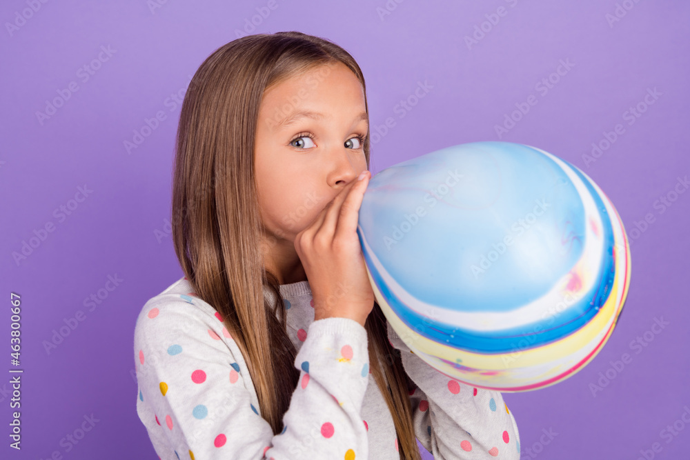 Profile photo of excited lady inflate balloon look camera wear crown dotted pajama isolated purple color background Profile photo of excited lady inflate balloon look camera wear crown dotted pajama isolated purple color background
