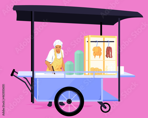 Senior woman selling asian street food from cart