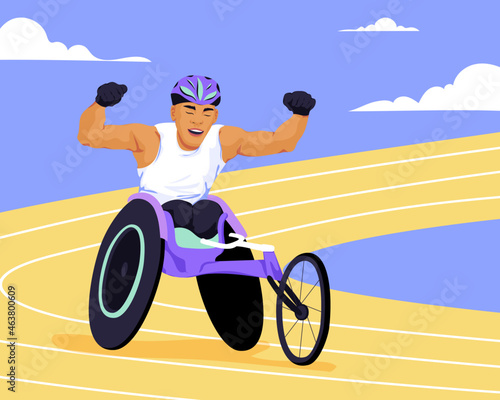 Disabled man at Paralympics wheelchair racing on track