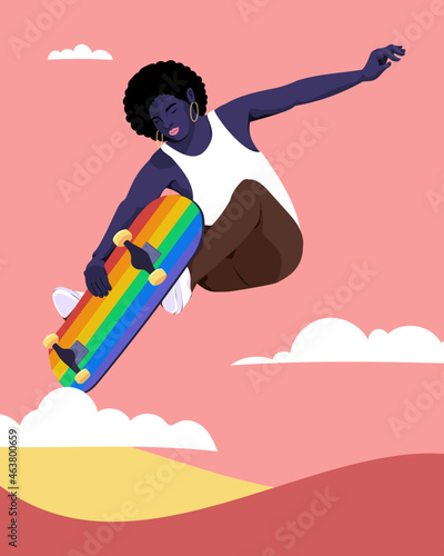 skater catching air with rainbow skateboard