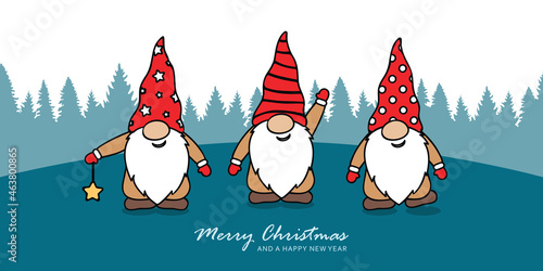 christmas greeting card with cute christmas dwarf and snowy landscape