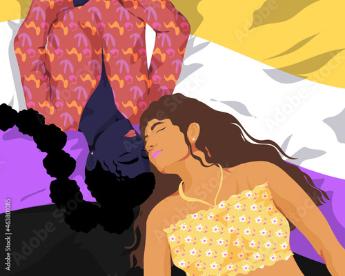 Interracial couple laying down on non binary flag