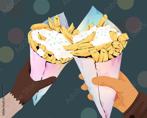 Diverse hands in autumn holding French fries cone