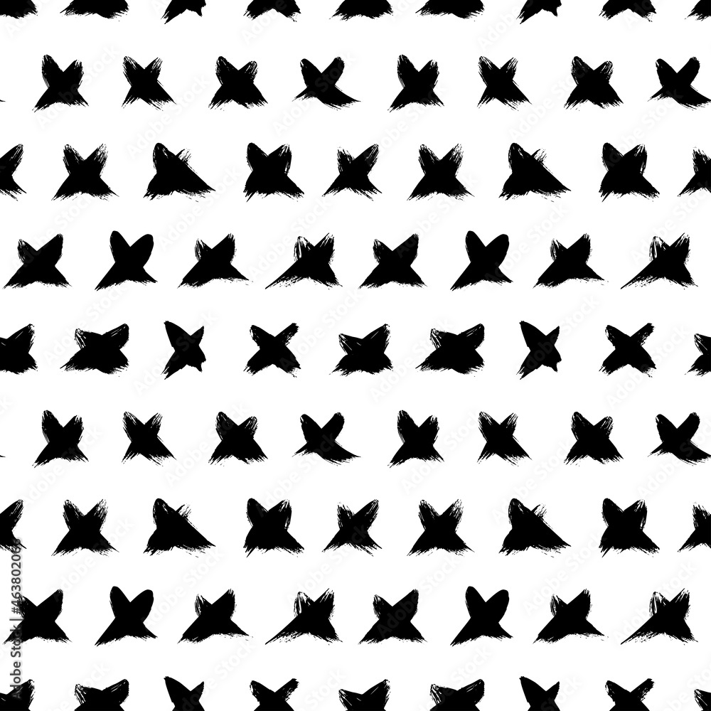 Black crosses vector seamless pattern. Abstract monochrome background with brush strokes. Hand drawn hipster X symbol. Trendy monochrome texture with pluses or crosses, symbols of kisses. Black crosses vector seamless pattern. Abstract monochrome background with brush strokes. Hand drawn hipster X symbol. Trendy monochrome texture with pluses or crosses, symbols of kisses.