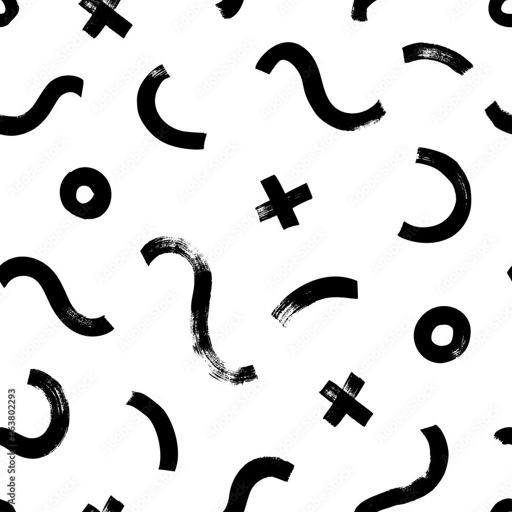 Hand drawn Memphis seamless pattern. Vector geometric pattern with crosses, wavy lines and circles. Fashion 80-90s. Black and white bold brush strokes, grunge geometric texture. Ink brush scribbles Hand drawn Memphis seamless pattern. Vector geometric pattern with crosses, wavy lines and circles. Fashion 80-90s. Black and white bold brush strokes, grunge geometric texture. Ink brush scribbles