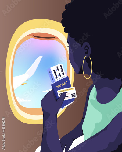 Woman on flight looking out window