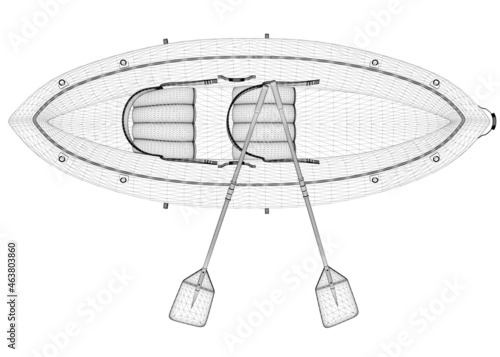 Wireframe of a rubber boat with oars from black lines isolated on a white background. View from above. 3D. Vector illustration
