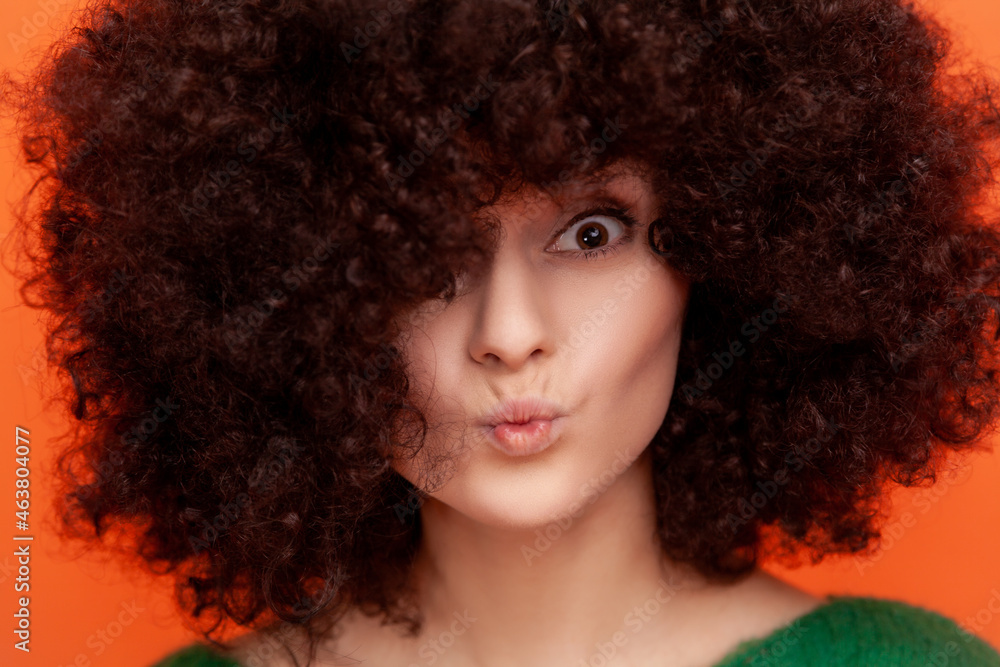 Closeup portrait of woman with Afro hairstyle looking at camera with pout lips, having perfect skin and fluffy hair, advertising beauty salon. Indoor studio shot isolated on orange background. Closeup portrait of woman with Afro hairstyle looking at camera with pout lips, having perfect skin and fluffy hair, advertising beauty salon. Indoor studio shot isolated on orange background.