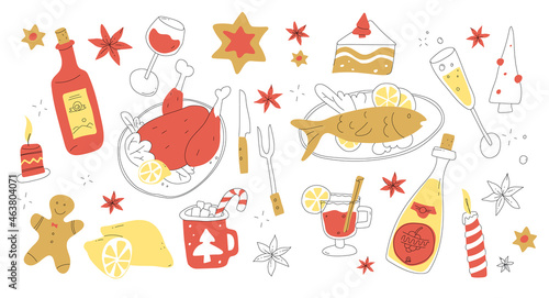 Christmas Menu Set in doodle style. Xmas eve food and drinks. Merry Christmas dinner. X-mas party tasty cooking. 