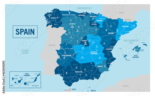 Spain country political map. Detailed vector illustration with isolated states  regions  islands and cities easy to ungroup. 