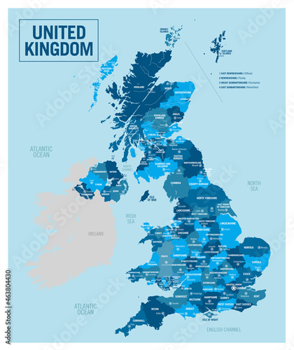United Kingdom country, region political map. High detailed vector illustration with isolated provinces, departments, regions, counties, cities and states easy to ungroup. 