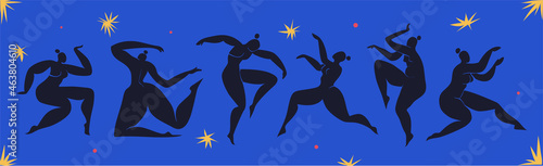 Matisse inspired Dancing Women. Set of cut out female silhouettes on a blue background with stars. Black cut out abstract curvy women. Vector illustration inspired by Matisse.