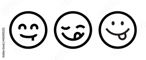 Yummy smile emoticon with tongue lick mouth icon. Tasty food eating emoji face. Delicious cartoon with saliva drops on white background. Smile face line design. Savory gourmet. Yummy vector