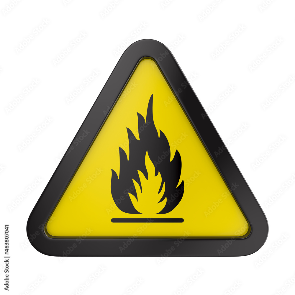 Fire warning sign in yellow triangle. Flammable, inflammable substances on white background. Isolated 3D illustration