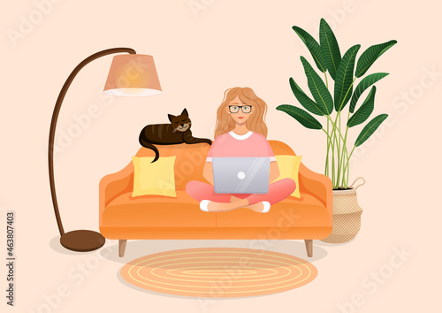 Woman sits on the couch in a room with a laptop computer with her cat. Flat vector illustration of freelance, work at home, work, office, education. Remote work and communication in social networks