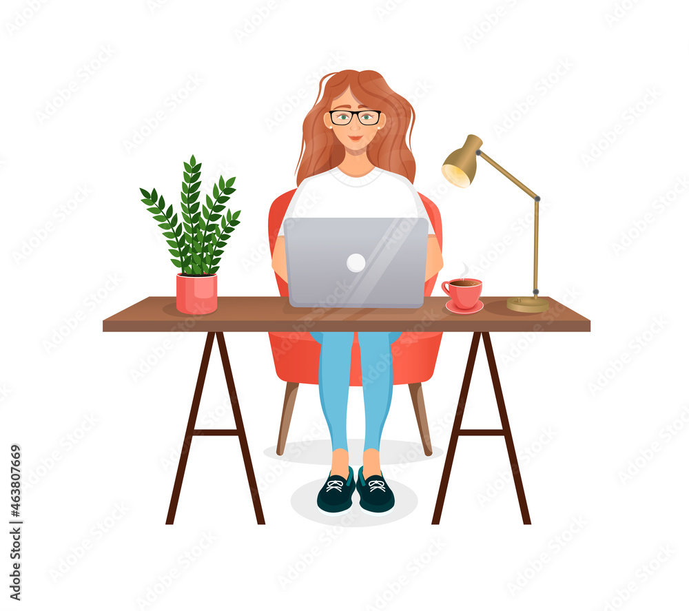 Fototapeta premium Woman sits at a table, works at home at a computer. Remote work, freelance, home office, programming, training. Vector illustration.