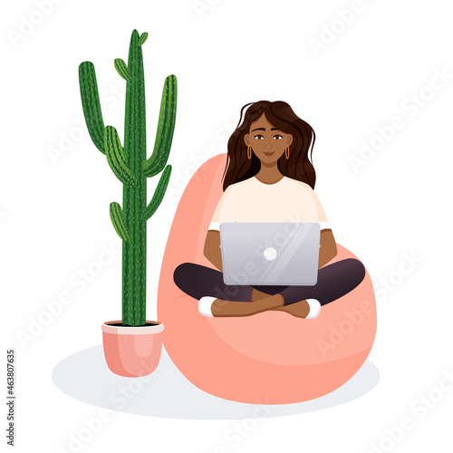 Woman sits on the bean bag chair and works at the computer. Remote work, office at home, programming, freelance. Study at home in quarantine. Vector illustration.