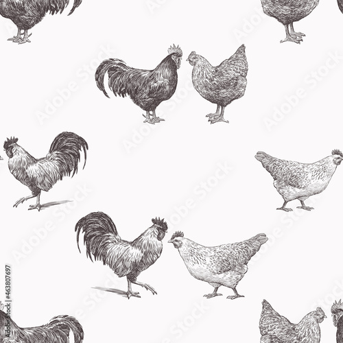 Seamless background of sketches farm roosters and hens