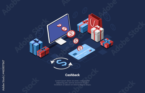 Conceptual Vector Illustration With Text And Characters. Isometric Composition In Cartoon 3D Style. Cashback Service, Financially Profitable System Of Money Return. Coins Coming From Desktop Computer