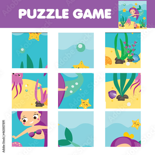 Jigsaw Puzzle for toddlers. Match pieces and complete picture of cute mermaid. Educational game for children and kids