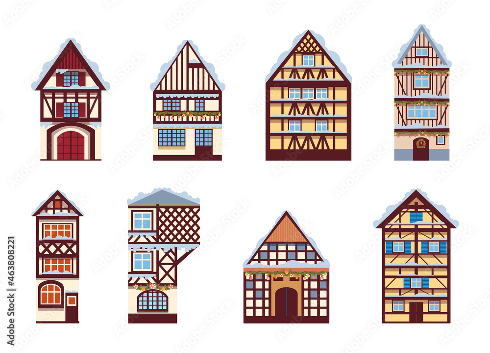 A set of German houses. Vector illustration in a flat style. Fabulous Christmas houses with snow on the roof.