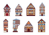 A set of German houses. Vector illustration in a flat style. Fabulous Christmas houses with snow on the roof.